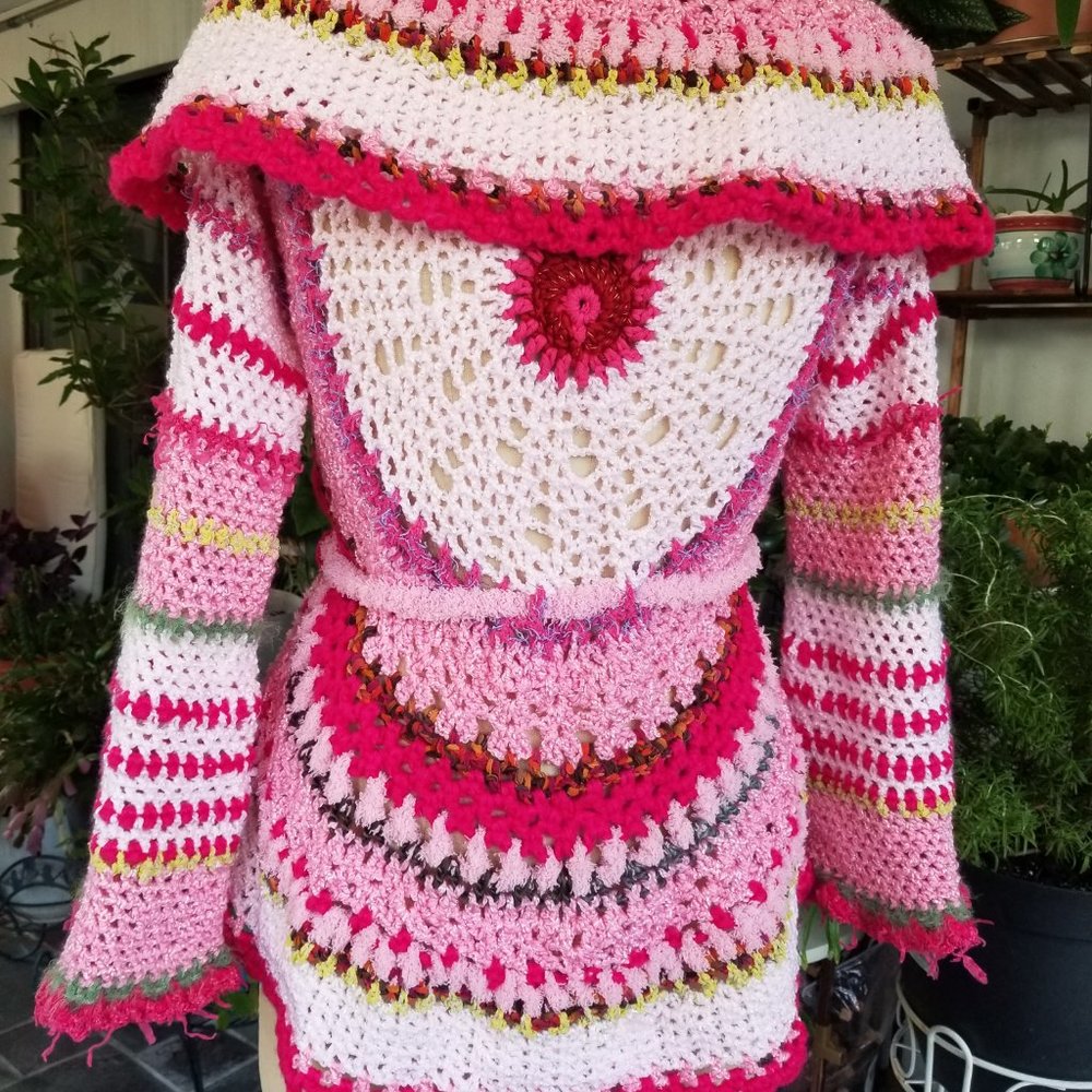 Crochet Pink MANDALA BOHO BOHEMIAN Chic Handmade Sweater MED - Picture 5 of 16